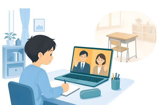 Child studying at home in an online class with teacher and counselor support