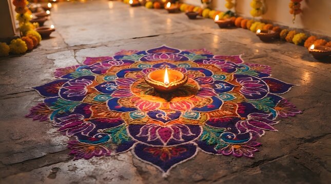 Colorful rangoli pattern on the floor with a glowing diya lamp in the center for diwali festival decoration