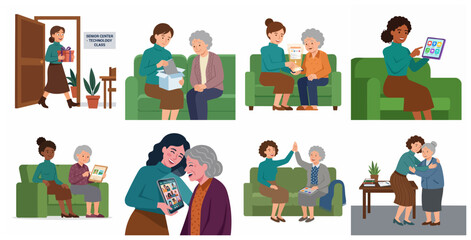 Fototapeta premium Set of flat vector illustrations depicting young women teaching senior citizens how to use modern technology, tablets, and smartphones, promoting digital literacy and intergenerational bonding.