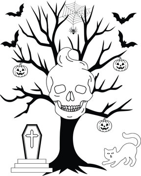 Halloween skull tree with bats pumpkins and cat drawing