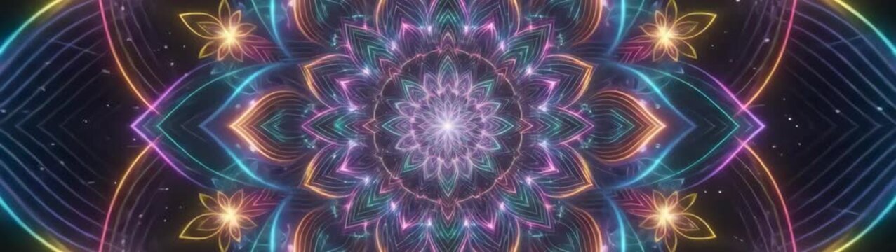 Meditation and mindfulness concept glowing neon mandala pattern with intricate floral geometry spiritual energy and zen relaxation background.