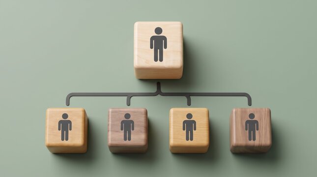 Organizational chart with wooden blocks and human icons