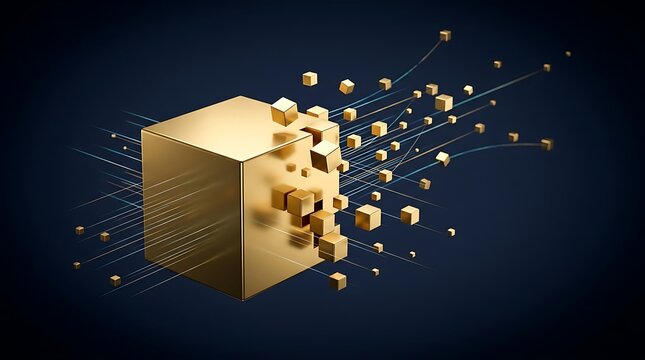 Golden 3D cube exploding into fragments, metallic block shattering into particles, digital data transformation concept