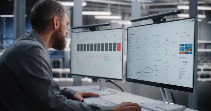 Young Data Center Engineer Monitors Infrastructure From Glass walled Control Room and Rapidly Responds to Critical Overheating Alert, Demonstrating Incident Management and Operational Resilience.