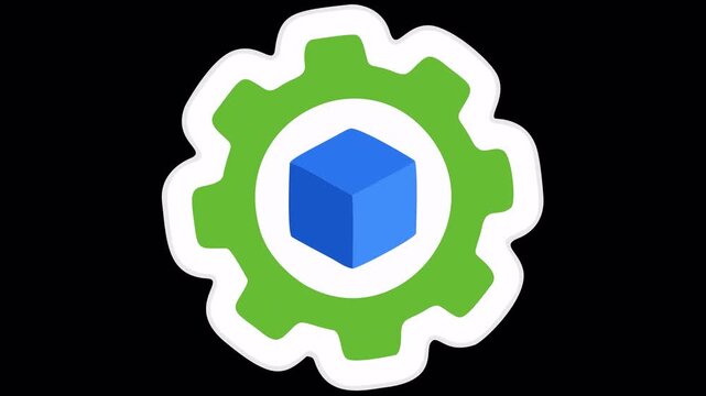 Green Gear Icon Vector Illustration with Blue 3D Cube Core for Technology Development, Engineering, and Software Setting