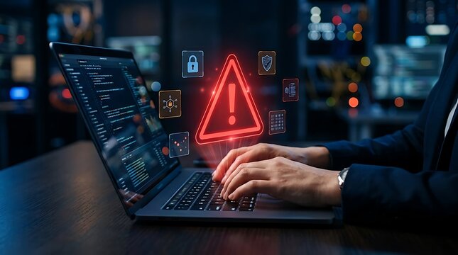 Cybersecurity alert on laptop screen, red warning triangle icon, digital data breach and system security threat concept