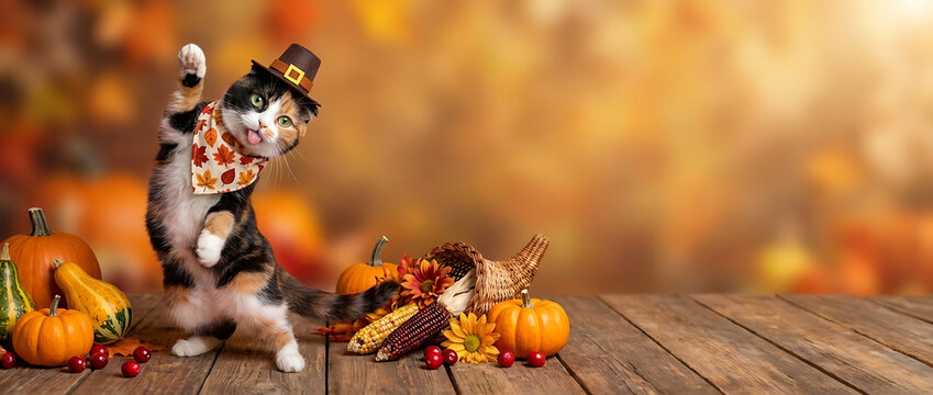 Funny Cat in Pilgrim Hat and Autumn Bandana Waving Hello for Thanksgiving