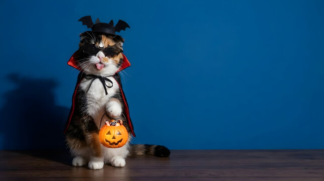Funny Cat in Vampire Halloween Costume Holding Pumpkin Bucket