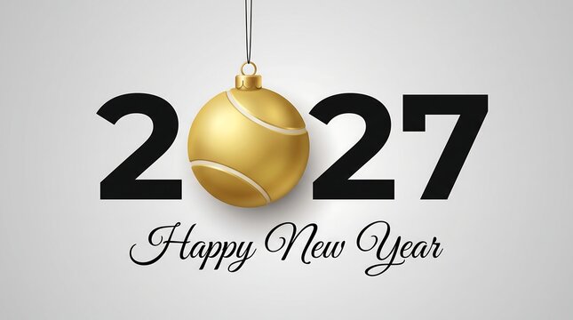 Golden tennis ball replacing the zero in two thousand twenty seven with happy new year text