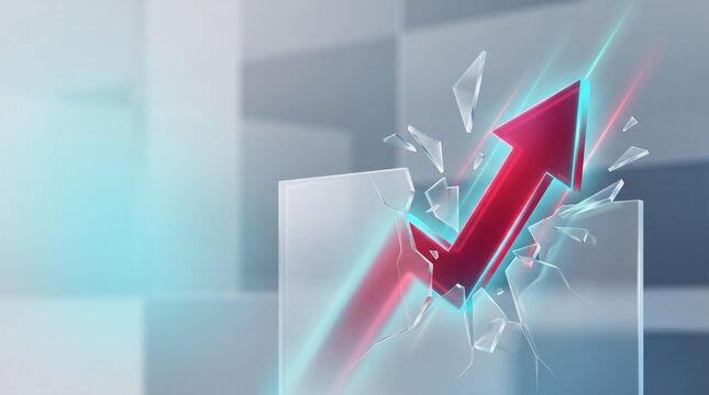 Glassmorphism red rising arrow shattering glass ceiling concept showing a shiny 3D trend line breaking a transparent barrier with flying shards and a cyan glow in a frosted glass business illustration