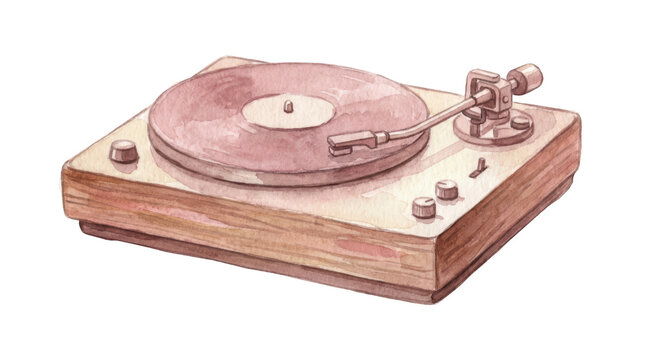 Watercolor illustration of a vintage wooden turntable isolated on transparent background