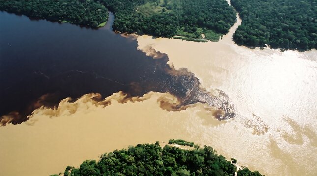 Aerial view of the confluence of Rio Negro and Solimoes River forming the Amazon River with contrasting water colors
