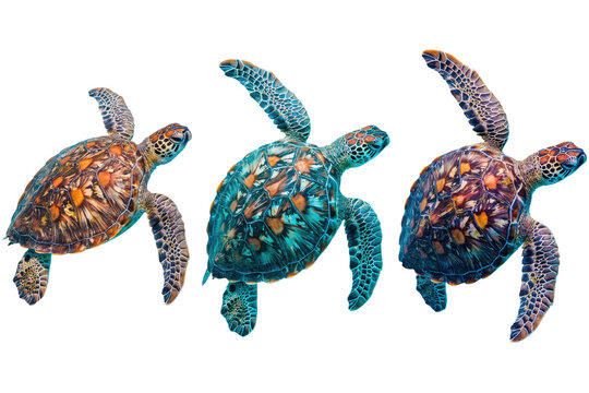 Three colorful sea turtles swimming in different directions with intricate shell patterns and textured skin isolated on a transparent background