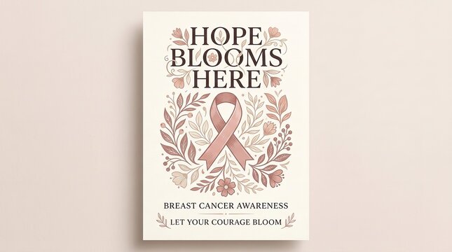 Hope blooms here concept art with pink awareness ribbon and botanical frame