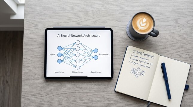 AI neural network architecture diagram on tablet with coffee and notebook, machine learning model development workspace, artificial intelligence data science concept