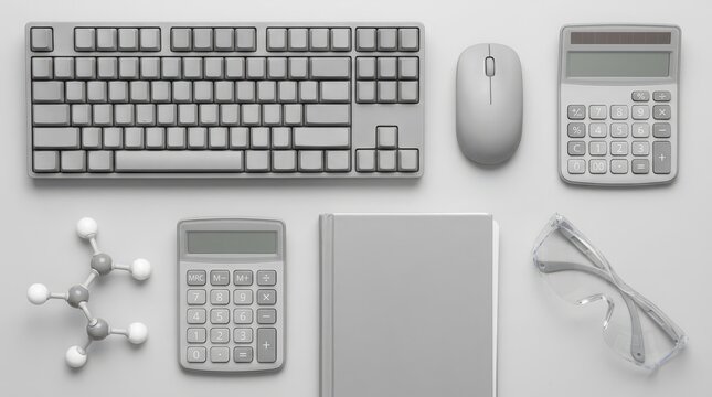 Office and lab desk with keyboard, calculator, molecular model kit, notebook, and safety glasses