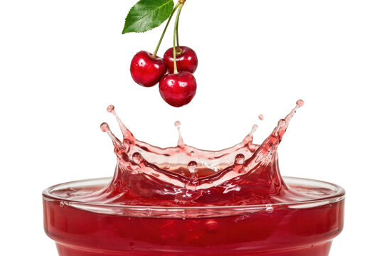 Three fresh red cherries with green leaves dropping into a bowl of red fruit juice creating a crown splash isolated on a transparent background