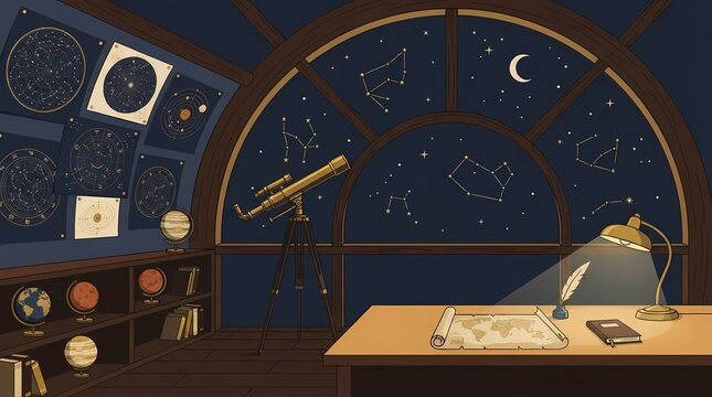 Observatory interior featuring a telescope and star charts for astronomy education editorial design or vintage science mystery creative