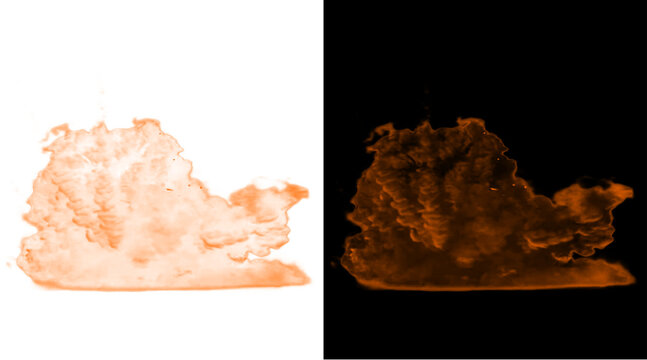 Orange smoke explosion on black and white backgrounds, fiery dust cloud effect, cinematic blast vapor for motion graphics and compositing