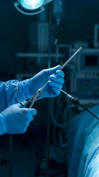 Laparoscopic Surgical Instrument Held by Surgeon in Operating Room