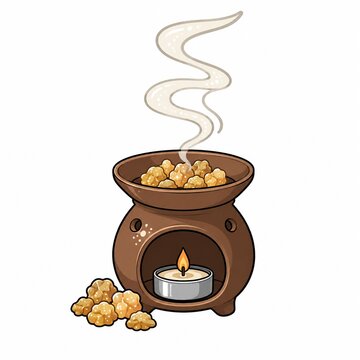アロマポットで焚かれる樹脂（フランキンセンス）から立ち上る心地よい香りの煙のイラスト