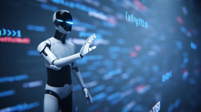 Robot assistant making hand gesture near digital code loop animation