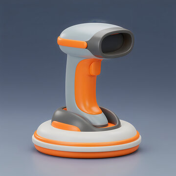3D Render of a Modern Orange and Gray Barcode Scanner on a Stand
