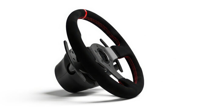 Black alcantara racing steering wheel featuring bright red stitching and a central alignment stripe isolated against a clean white background