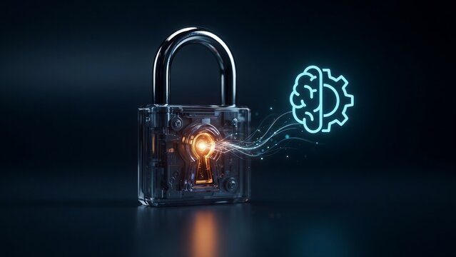 Smart cyber security concept with transparent glass padlock emitting light rays to neural network brain icon representing artificial intelligence protection.