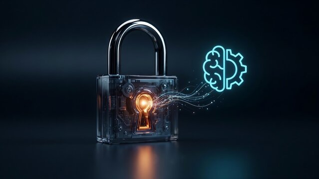 Intelligent lock protecting critical database systems with glowing artificial intelligence brain cogwheel icon representing machine learning cybersecurity.