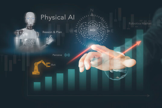 Businessman pointing growth bar chart of physical AI and robotics market concept. Humanoid robot, AGI brain compass, industrial arm, reason plan perceive act automation.