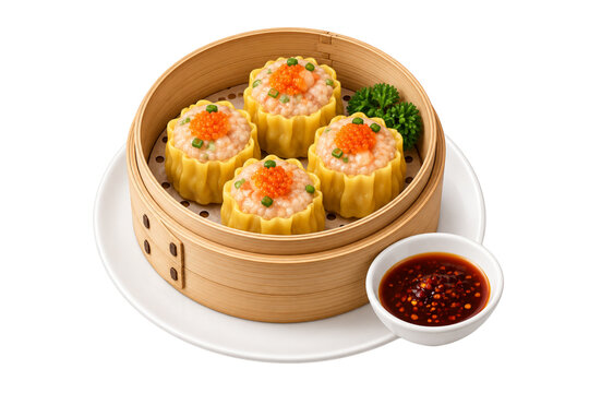Chinese dim sum shumai siomay served in a traditional bamboo steamer basket with chili oil dipping sauce on a white plate, isolated on a transparent background.