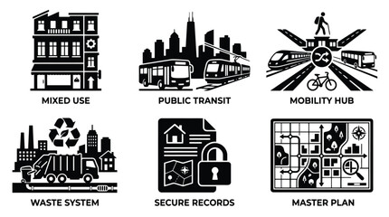 Fototapeta premium Smart city infrastructure icons, urban planning and public transit vector set, mobility hub and master plan illustrations