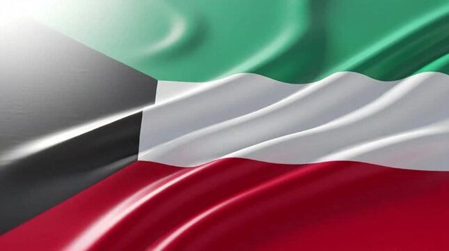 Close-up of the national flag of Kuwait waving gracefully, showcasing its vibrant green, white, red, and black stripes with a glossy, flowing fabric texture.