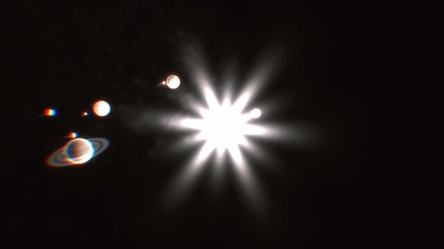 Radiant white star shines with chromatic aberration as ringed planet orbits in dark 3D motion background