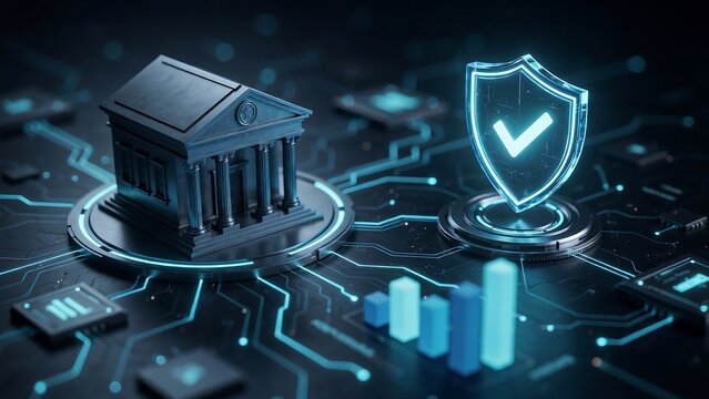 Financial institution building model on electronic circuit board with glowing shield icon and growth bars symbolizes secure banking and digital asset protection.