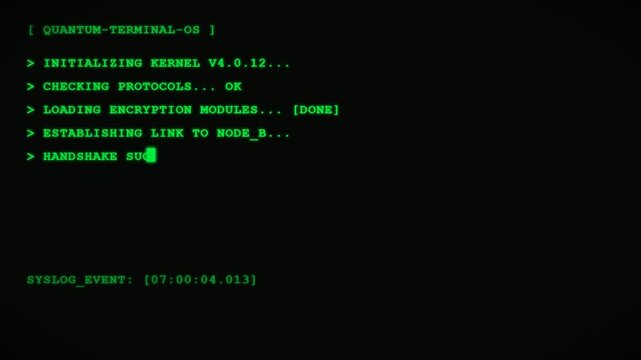 Retro Green Command Line Interface Displaying System Initialization and Encrypted Data Decryption Process
