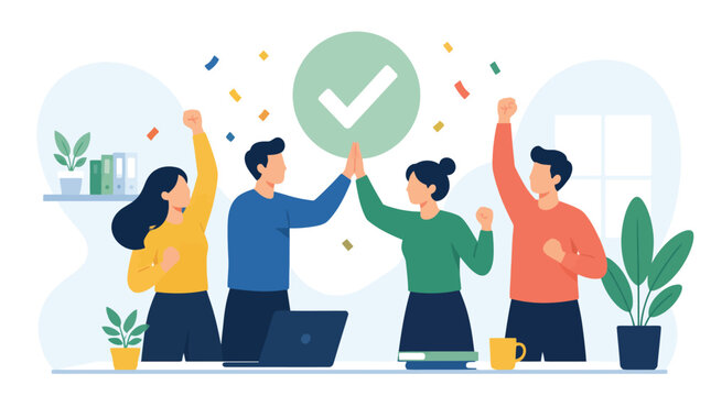 Team celebrating success with high fives and confetti.