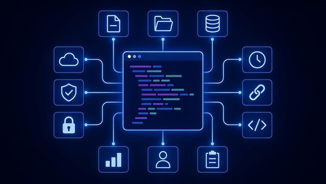 Software development program code on dark background connected to various icons representing cloud computing, data security, file management and database operations.