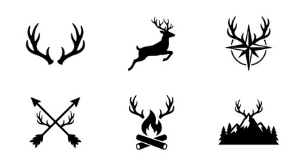 Obraz premium Deer Antlers, Stag Silhouette, Compass, Arrows, Campfire, Mountain Icons: Rustic Woodland Vector Set