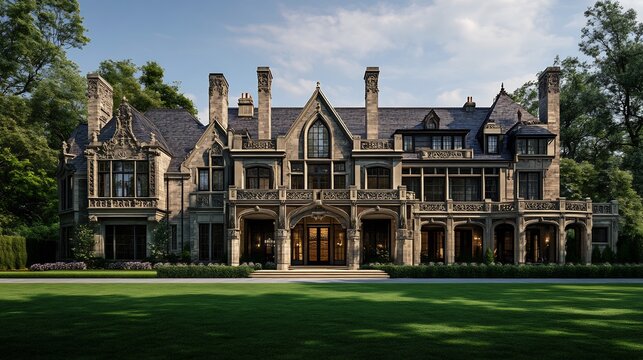Elegant Gothic mansion exterior an ornate front elevation CAD strength diagram and a grand lawn with a dramatic entrance