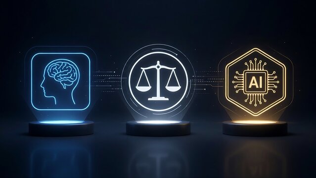 Three glowing neon holographic icons representing AI brain, scales of justice, and AI chip symbolizing ethics and intelligence in artificial intelligence development.