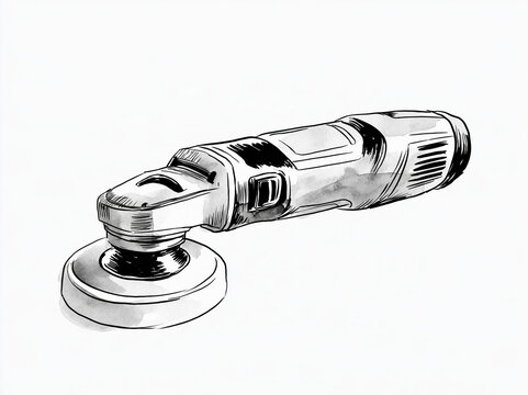 Hand drawn black and white illustration of an electric car polisher buffer machine with watercolor shading on white background.