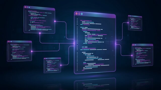 Multiple computer windows displaying lines of code connected by purple glowing lines representing software development and programming workflow.