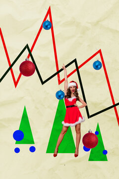 Trend artwork composite banner 3D photo collage of newyear mood christmas festive joy trade analysis young lady sexy dress posing business
