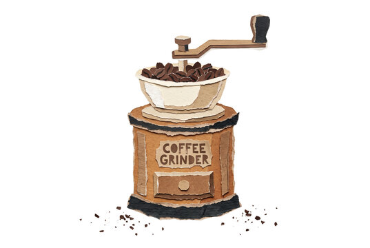 Coffee Grinder Ripped Paper Craft Illustration Transparent Image. Torn Paper Collage Coffee Concept Design