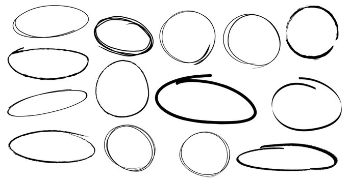 Set of hand drawn black chalk circles and oval frames with rough textured outlines, irregular round shapes and sketchy borders isolated on a clean transparent background