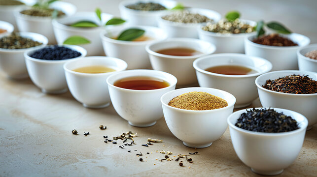 Assorted tea leaves and brewed tea in white cups arranged on a rustic wooden table showcasing various herbal infusions beverage varieties aromatic blends and natural ingredients for wellness and healt
