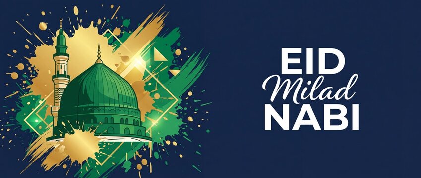 Eid Milad Nabi Islamic Banner with Green Dome of Madinah, artistic gold brush stroke and paint splash background for Muslim festival celebration, Mawlid An Nabi greeting card vector header design.