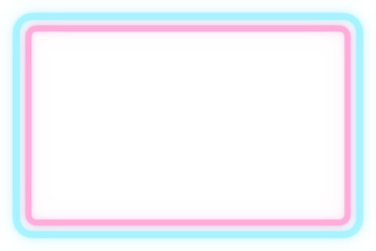 Double neon picture frame in cyan and magenta PNG with transparent background, two concentric glowing tubes in electric cyan and hot magenta, isolated blank frame border for music covers